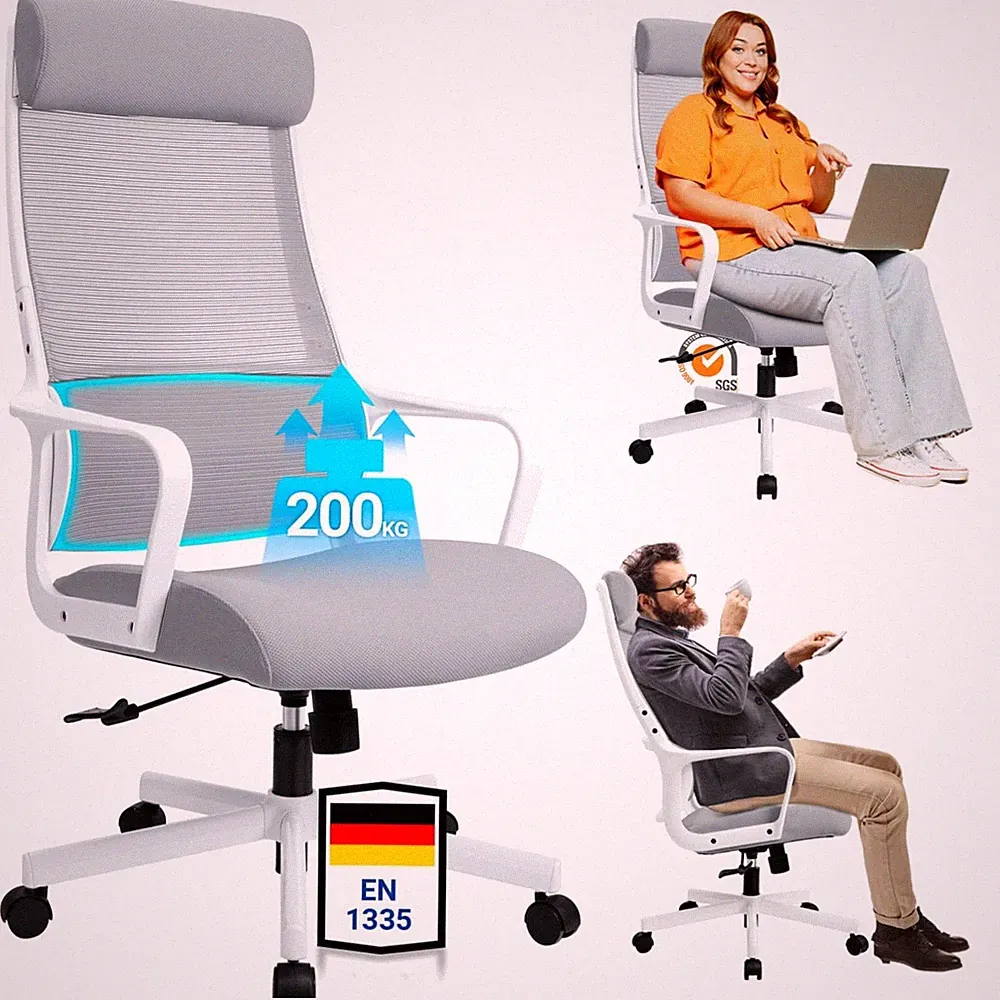 Bürostuhl ergonomisch, verstellbare Kopfstütze, Mesh, bis 200kg, grau
