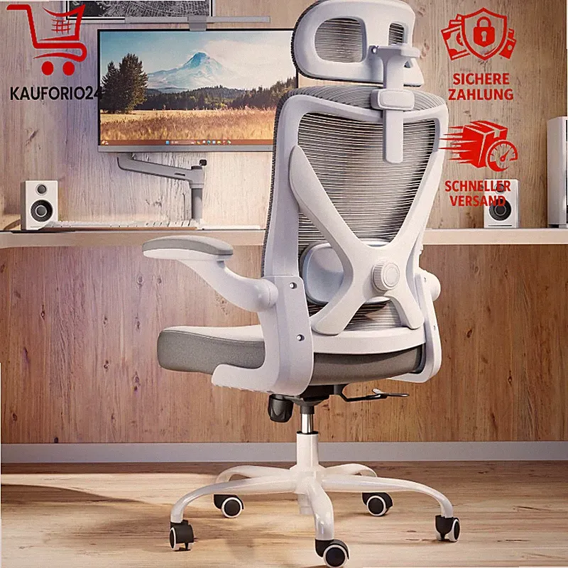 Bürostuhl Ergonomisch Verstellbare Lordosenstütze Kopfstütze Grau 150kg Gaming