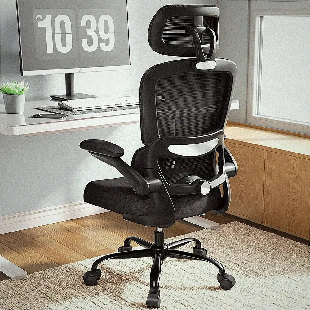 Bürostuhl Ergonomisch Verstellbare Lordosenstütze Kopfstütze Schwarz 150kg