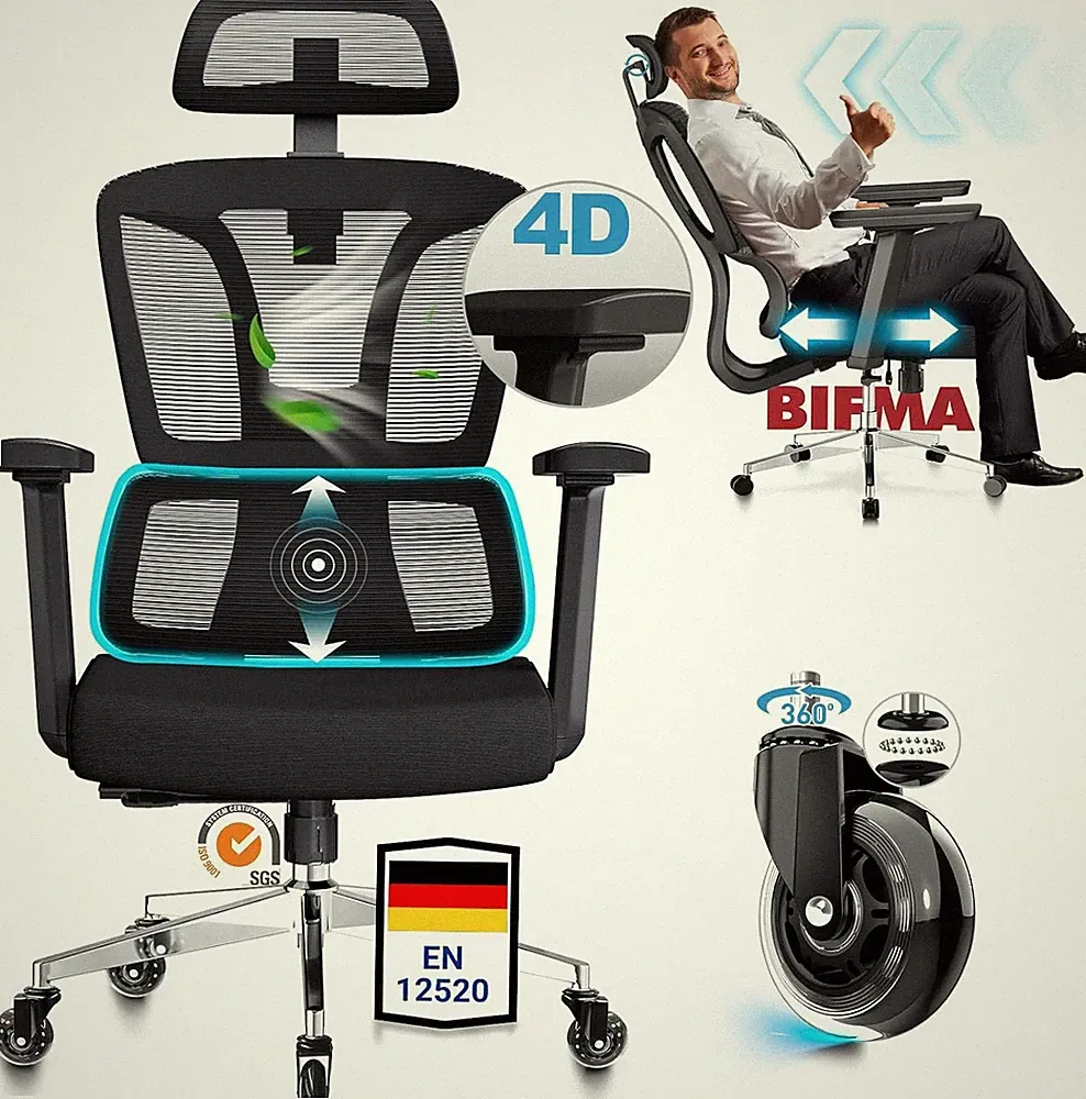 Bürostuhl Ergonomisch Vollverstellbar bis 200 KG Schreibtischstuhl für Büro