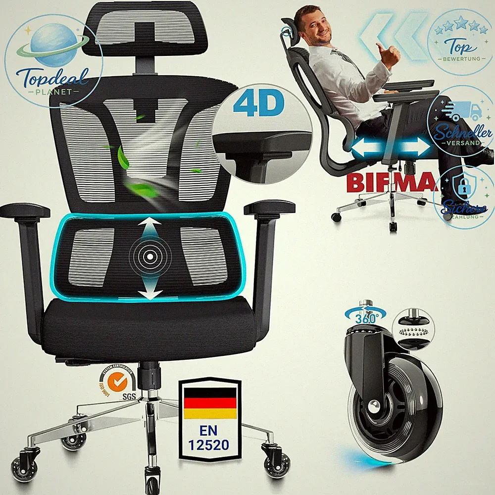 Bürostuhl Ergonomisch Vollverstellbar bis 200 KG Schreibtischstuhl schwarz
