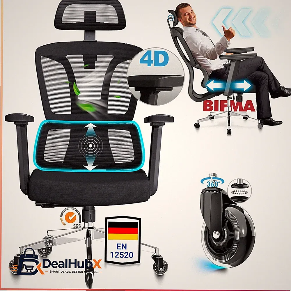 Bürostuhl Ergonomisch Vollverstellbar Rückenfreundlich 200 KG 4D-Armlehnen