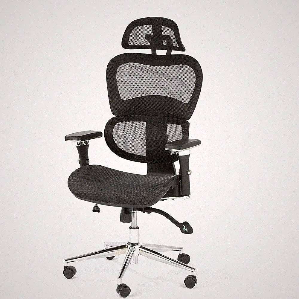 Bürostuhl ergonomisch XXL mit Kopfstütze – Netzrücken, Armlehnen und Chromfuß