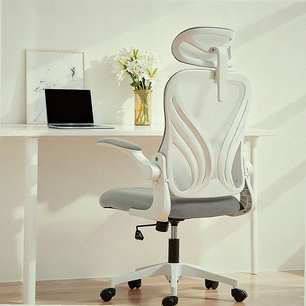 Bürostuhl, ergonomischer Schreibtischstuhl mit klappbarer Rückenlehne, 2D Kopfstütze, grau