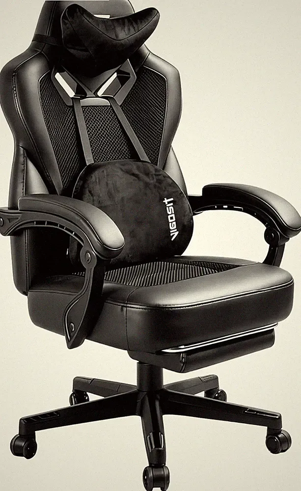Bürostuhl Gaming Chair mit Fußstütze und Lendenwirbelstütze, Schwarz, Kunstleder