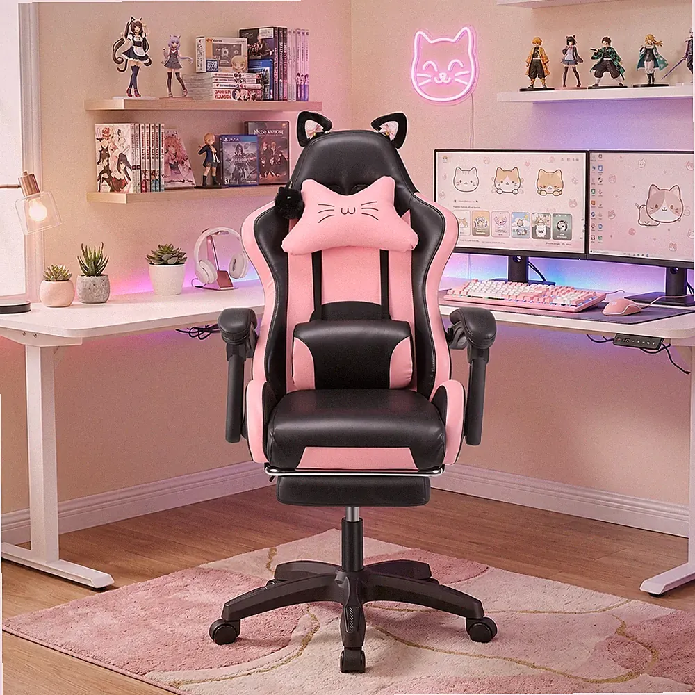 Bürostuhl Gaming Stuhl Ergonomischer Mit Lendenkissen Katzenohr Leder Drehstühle