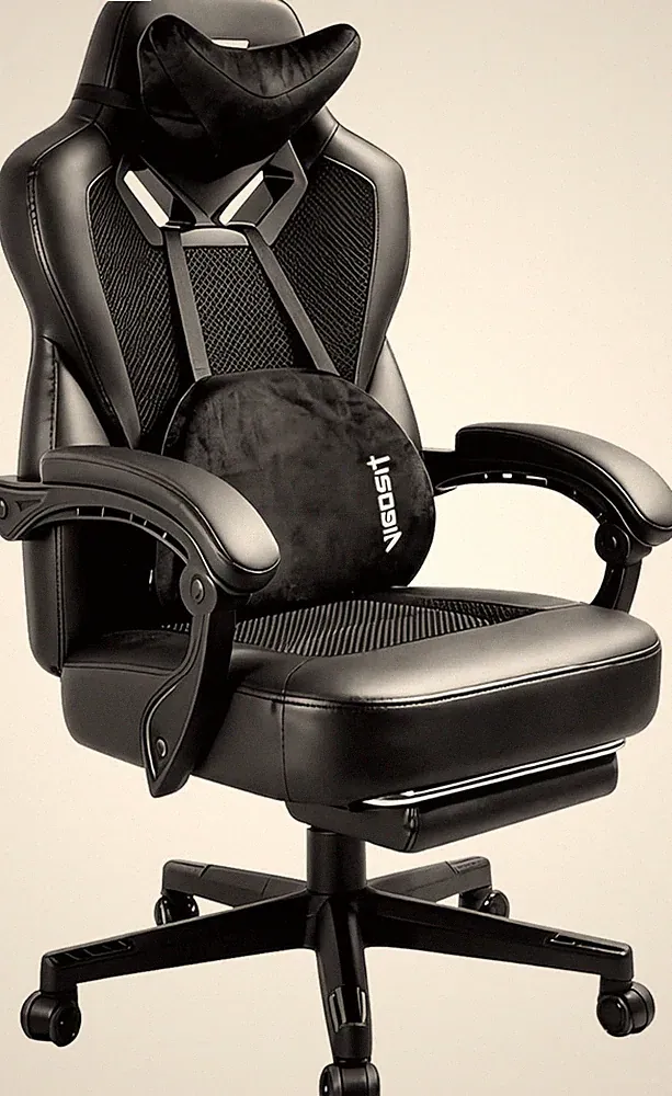 Bürostuhl mit Fußstütze und Lendenwirbelstütze, Schwarz, Gaming und Büro