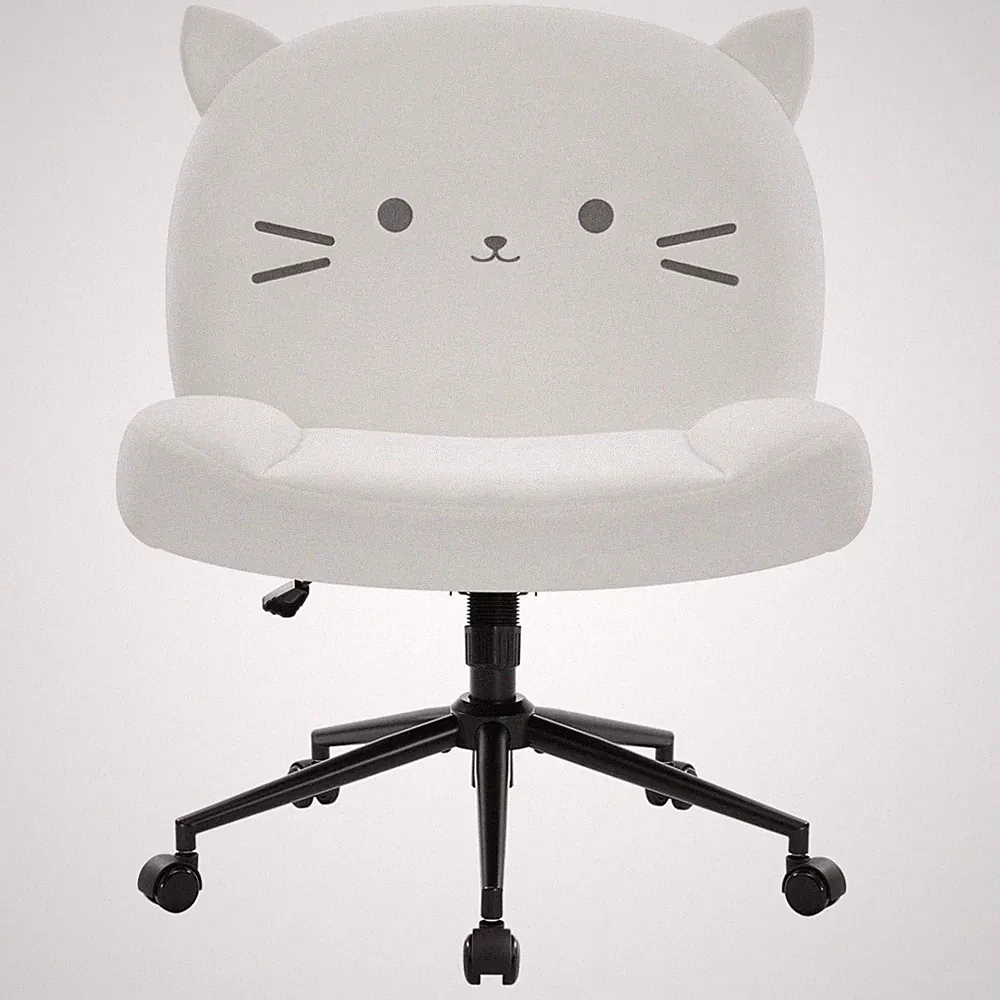 Bürostuhl ohne Armlehnen, Höhenverstellbar, Stoff, Rollen, Weiß Katze