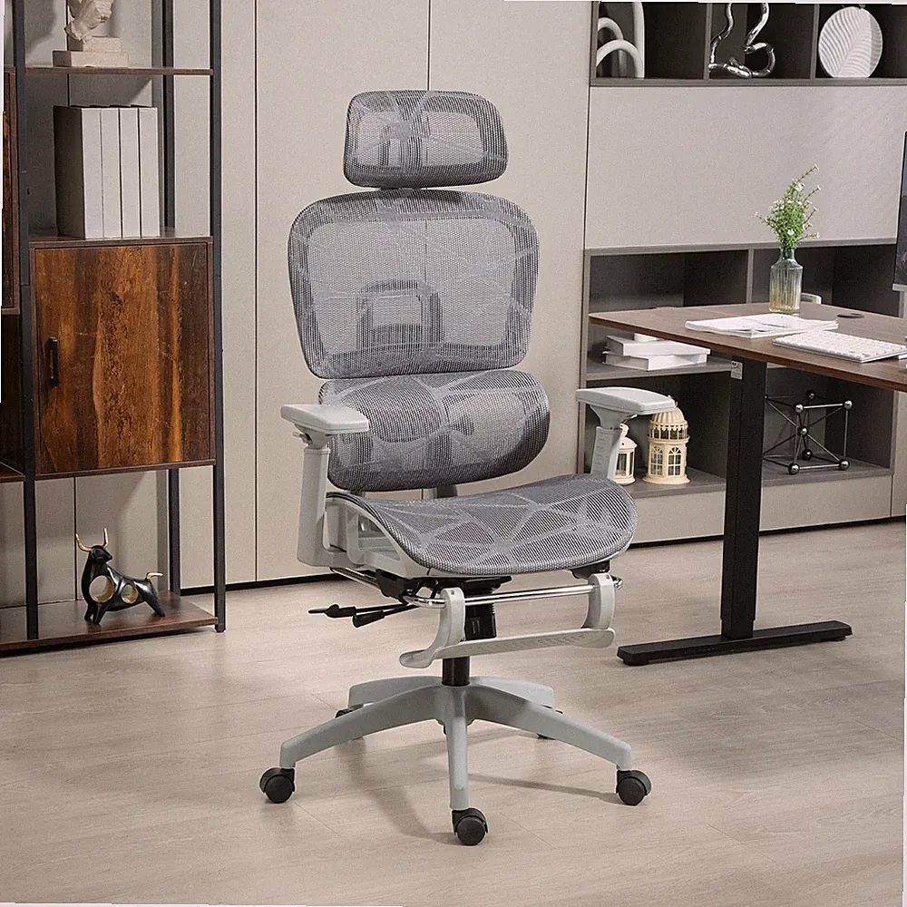 Chefsessel Bürostuhl, ergonomischer Schreibtischstuhl mit Lordosenstütze, grau und weiß