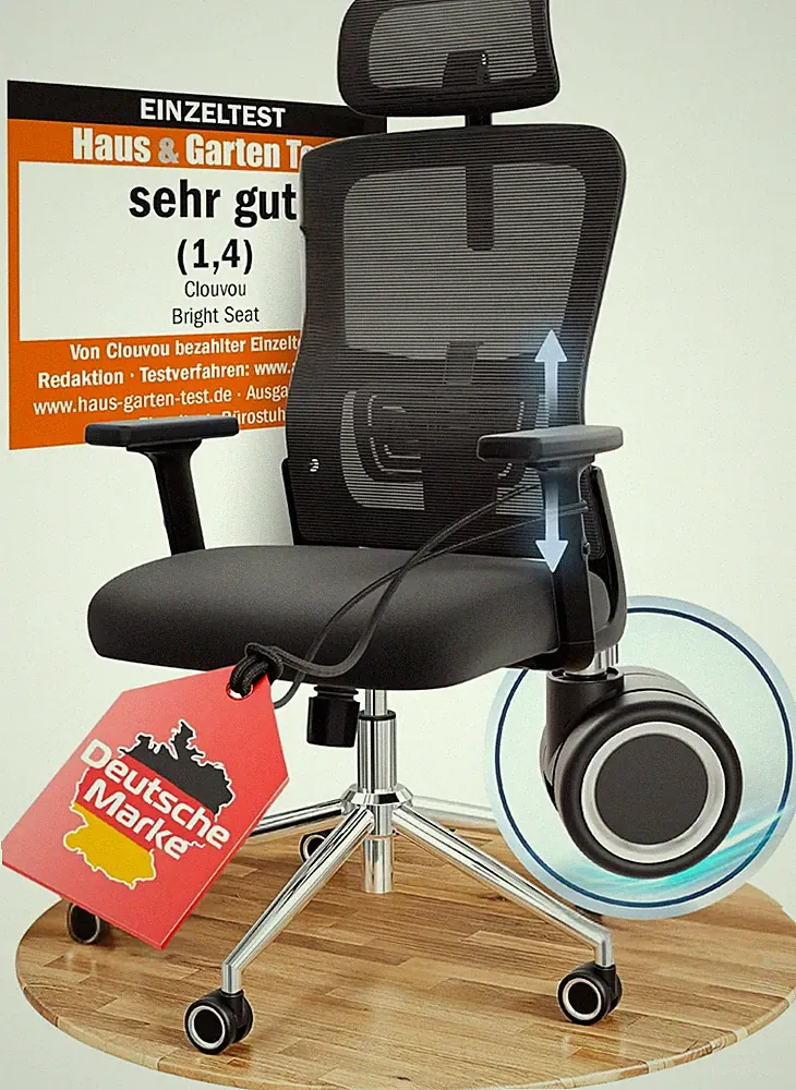 CLOUVOU Brightseat Bürostuhl Ergonomisch [TESTSIEGER] Schreibtischstuhl 100% Ind
