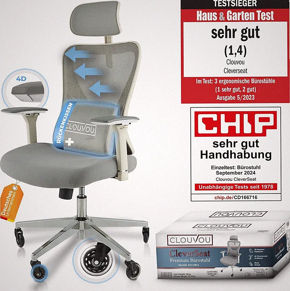 CLOUVOU Cleverseat Bürostuhl Ergonomisch [TESTSIEGER] Schreibtischstuhl 100% Ind