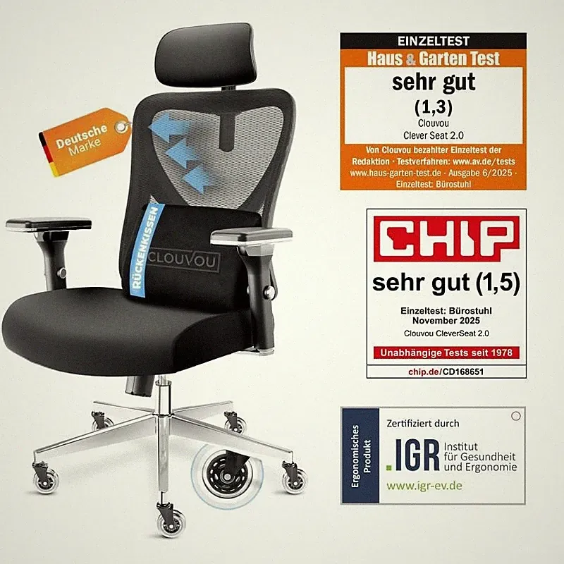 CLOUVOU CleverSeat ergonomischer Bürostuhl 150 kg Schreibtischstuhl Kopfstütze