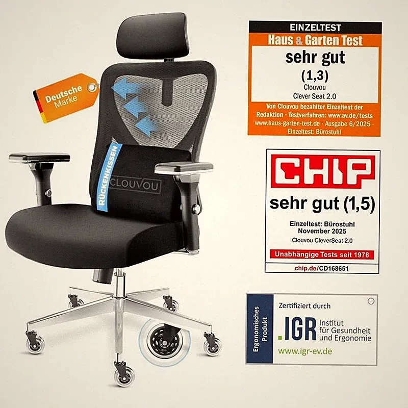 CLOUVOU Ergonomischer Bürostuhl 150kg CleverSeat Schreibtischstuhl Computerstuhl