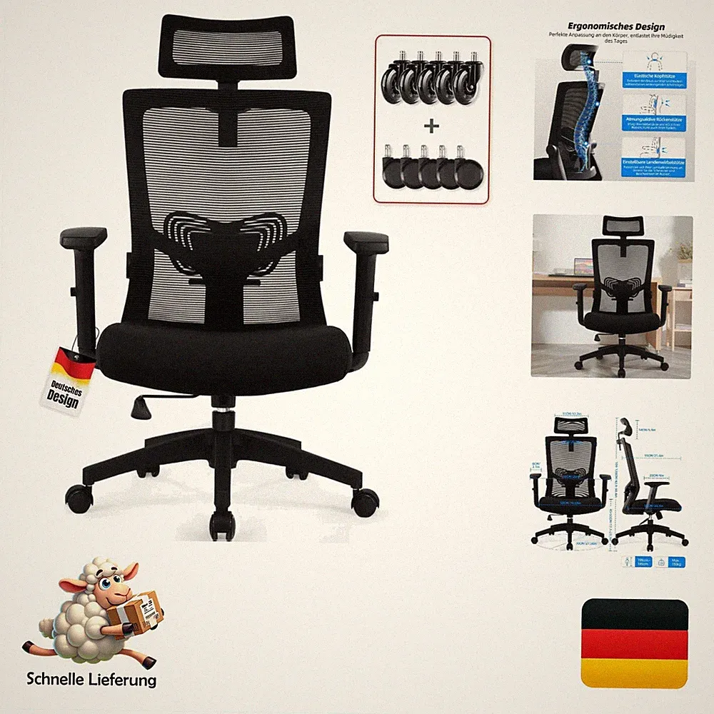 Daccormax Ergonomischer Bürostuhl mit verstellbarer Kopfstütze Lendenwirbelst...