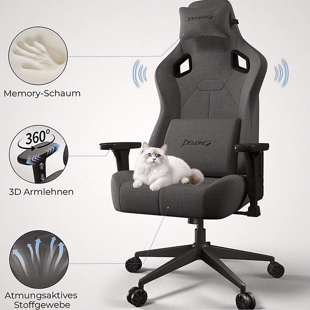 Devoko Ergonomisch Gaming Stuhl Drehstuhl Chefsessel Bürostuhl 200kg Tech-Stoff