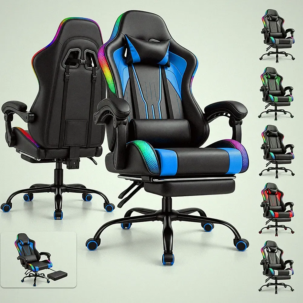 DEVOKO Ergonomischer Gaming-Stuhl mit RGB-Beleuchtung, Fußstütze,TÜV Gasfeder