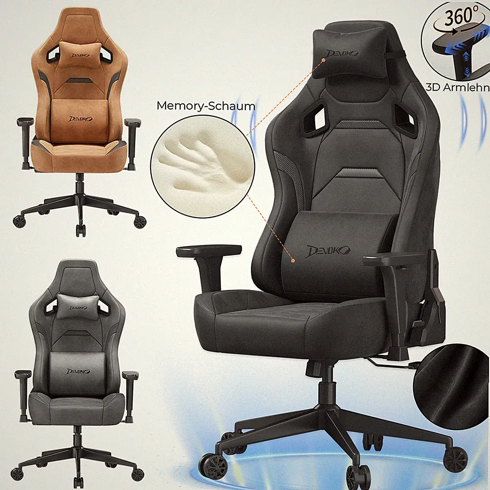 Devoko Gaming Stuhl: Ergonomisch, 3D Armlehnen, Wildleder, 200kg, Büro & Gaming