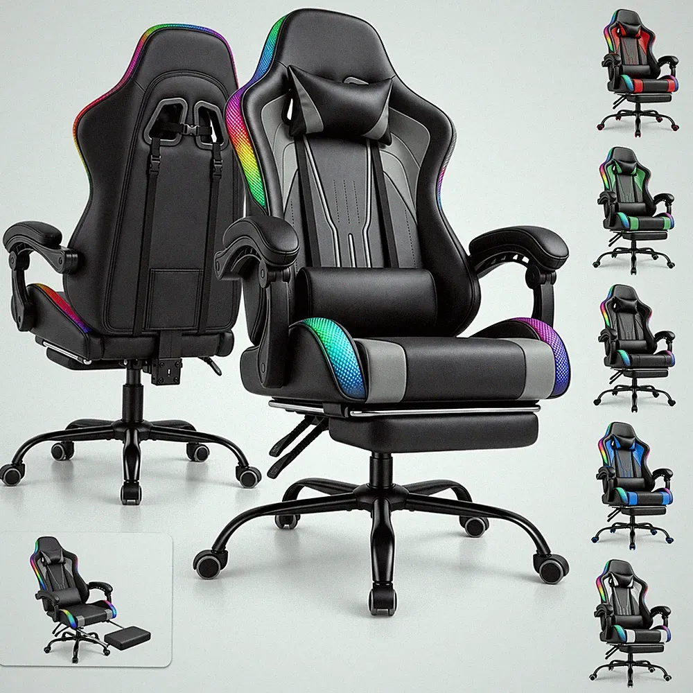 DEVOKO Gaming Stuhl Ergonomisch mit RGB LED Lichtleiste,Bürostuhl 4-Stufen,TÜV