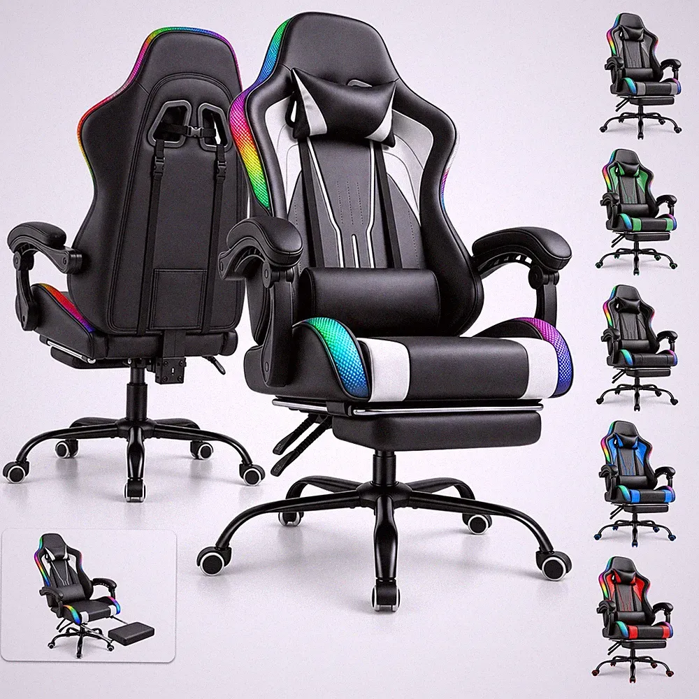 DEVOKO Gaming Stuhl Ergonomisch mit RGB LED Lichtleiste,Bürostuhl 4-Stufen,TÜV
