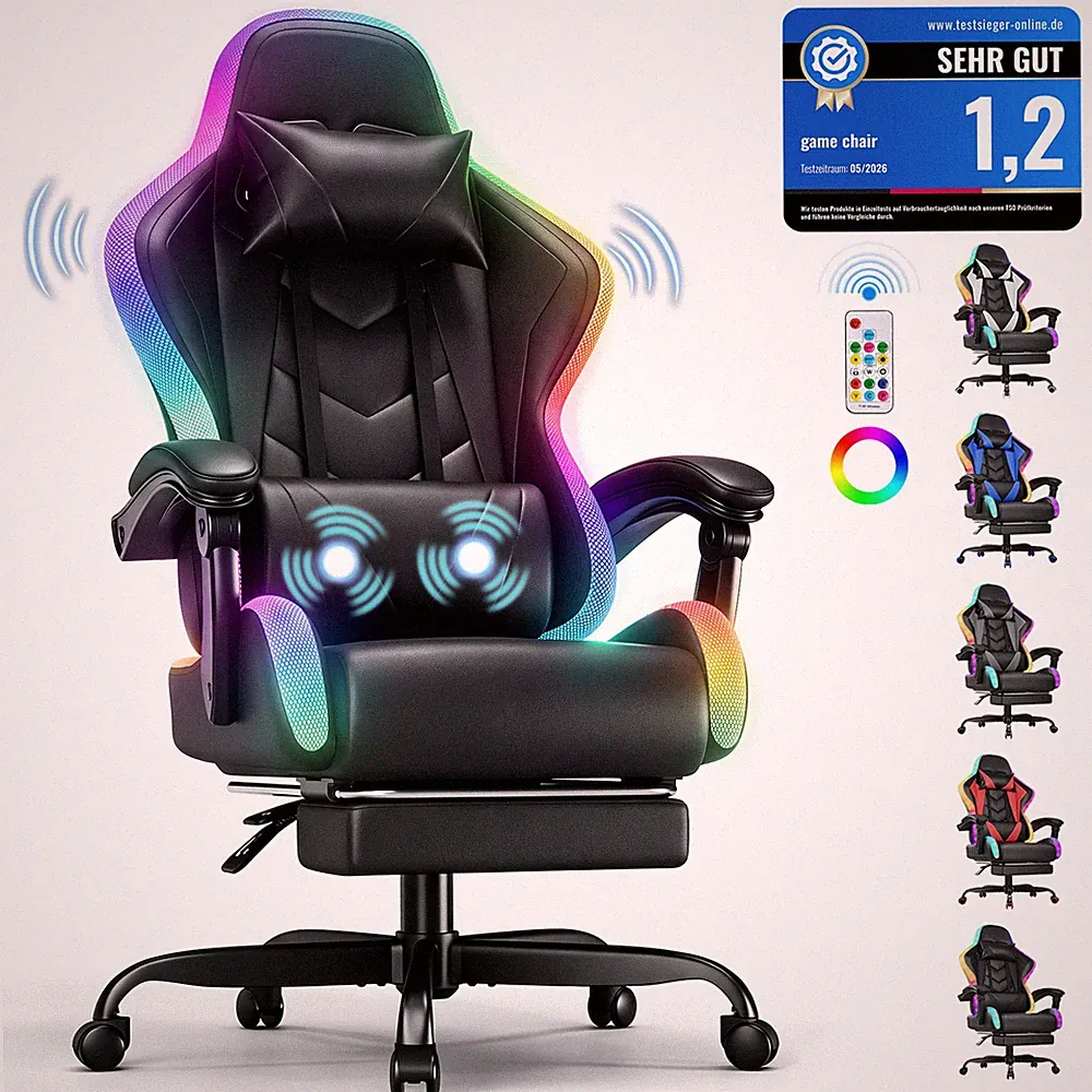 DEVOKO RGB-ergonomisch-Gaming Stuhl mit Massage & Fußstütze,Bürostuhl,150kg,new
