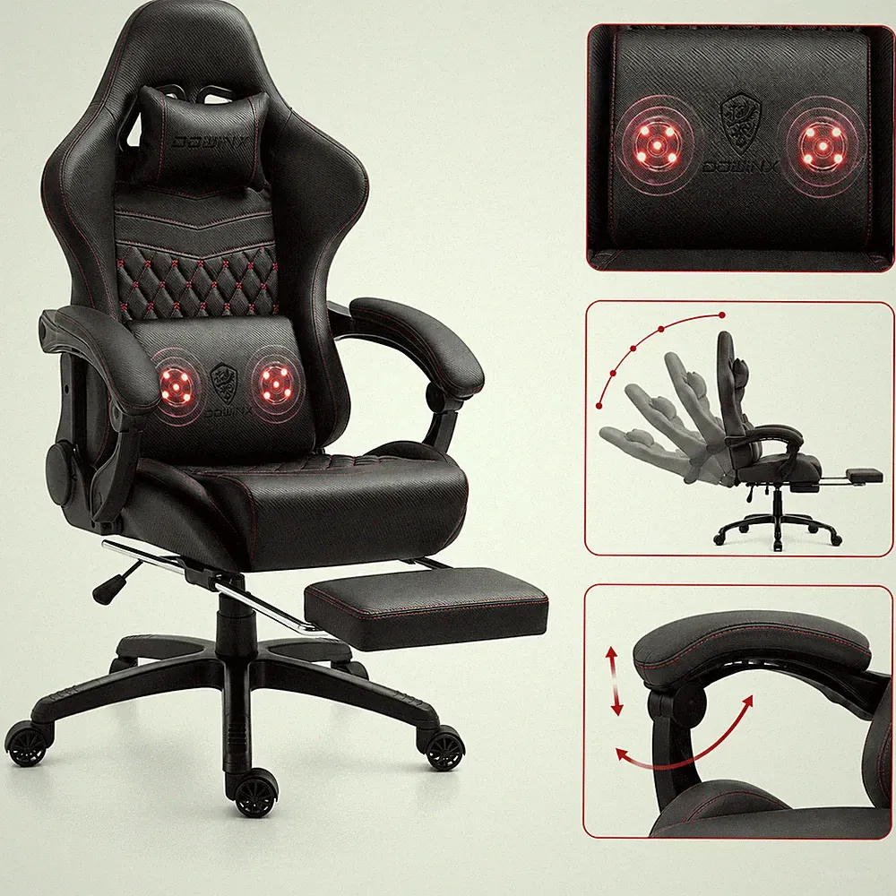 Dowinx Gaming Stuhl Schwarz Massage Bürostuhl Fußstütze Taschenfederkern Liege
