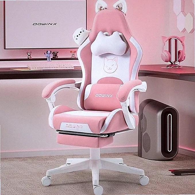 Dowinx Pink Cat Gaming Stuhl Massage Lendenwirbelliege Ergonomisch Bürostuhl Niedlich