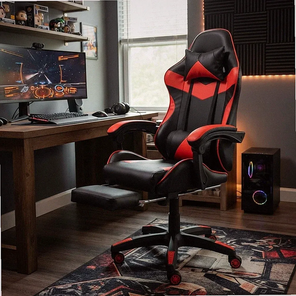 Drehbarer ergonomischer Gaming-Stuhl mit hoher Rückenlehne und Liegewinkel & Fußstützenstütze