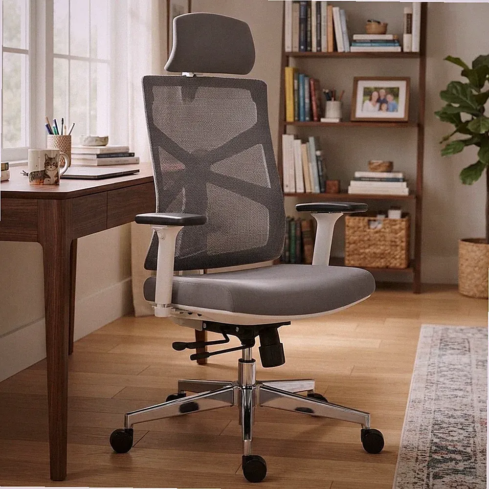 Eleganter ergonomischer Bürostuhl mit 4D Armlehnen und adaptiver Rückenlehne - Weiß