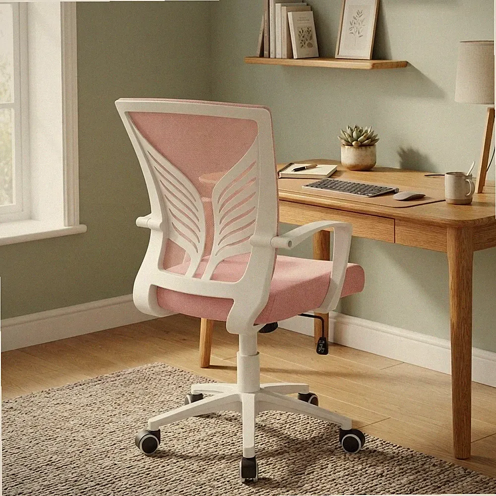 Eleganter ergonomischer Netz Bürostuhl mit Lordosenstütze - stilvolles rosa Design