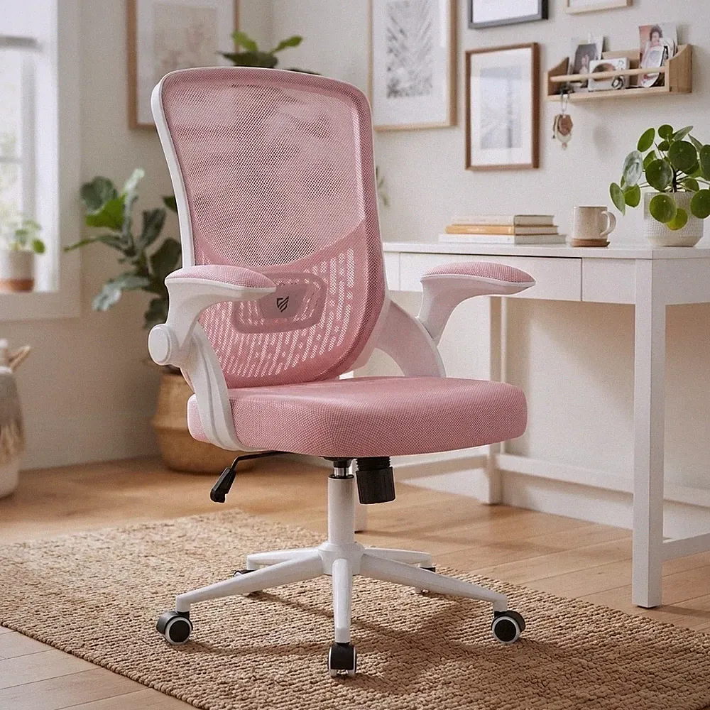 Eleganter ergonomischer rosa Schreibtischstuhl mit Lordosenstütze & hochklappbaren Armlehnen