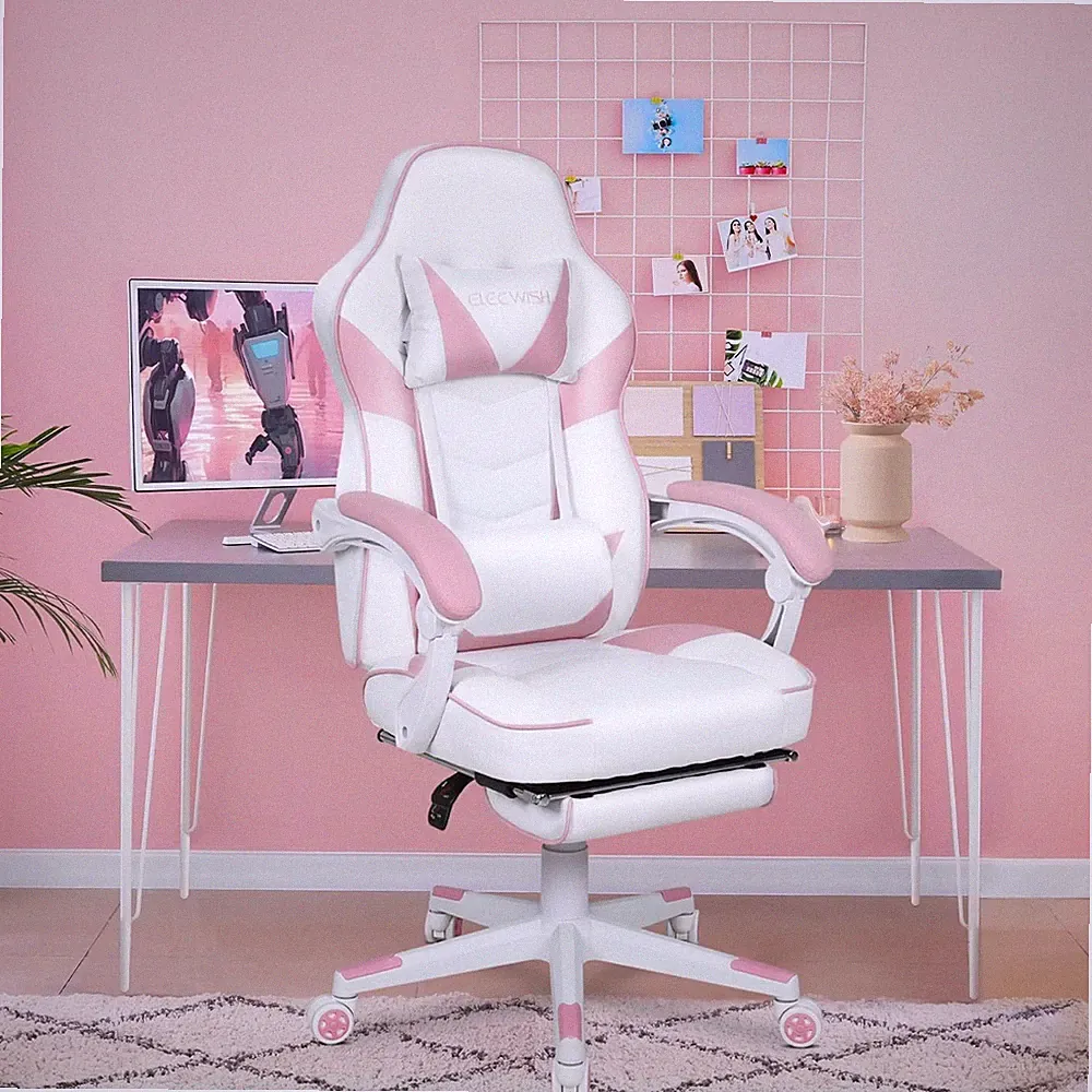 Ergonomisch Gaming Stuhl mit Massagefunktion Bürostuhl Drehstuhl Fußstütze Rosa