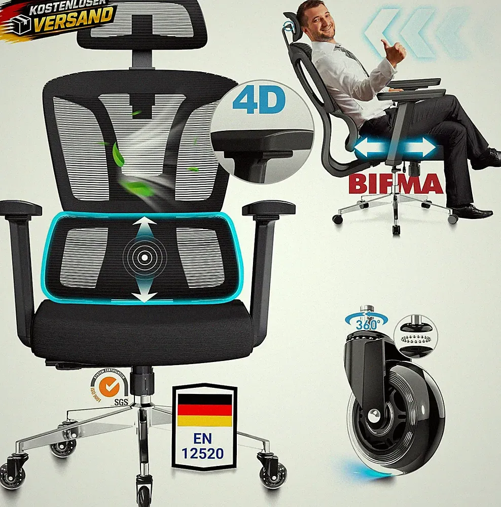 Ergonomischer Bürostuhl 200 kg mit 4D-Armlehnen Sitztiefenverstellung Rückenlehn