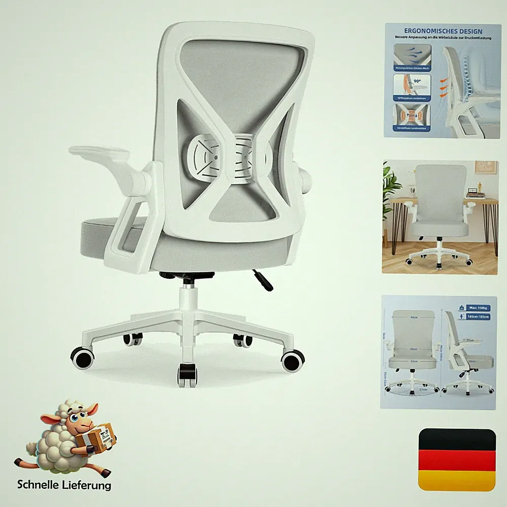 Ergonomischer Bürostuhl Airchros Grau mit Lendenstütze, Hochklappbare Armlehn...
