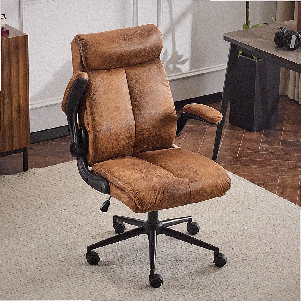 Ergonomischer Bürostuhl Drehstuhl klappbare Armlehne Mikrofaser Braun 150KG