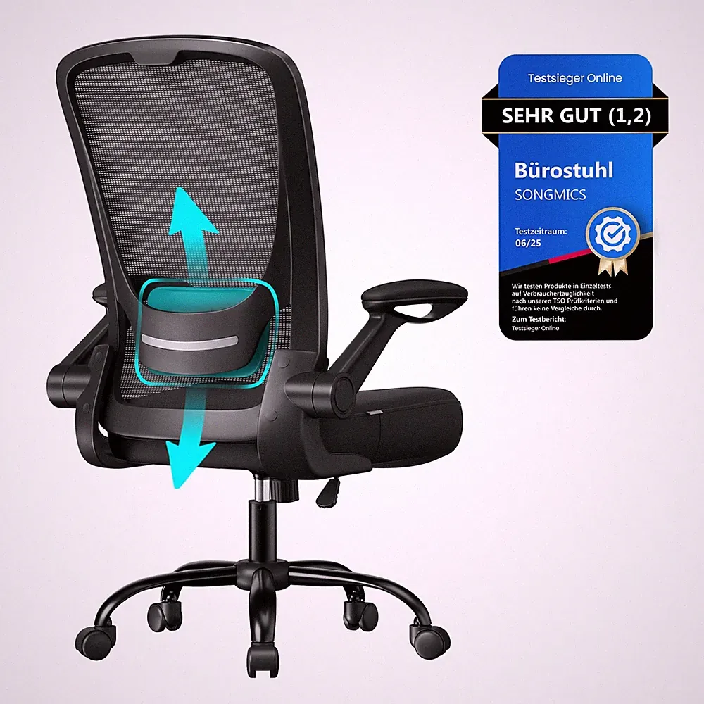 Ergonomischer Bürostuhl Drehstuhl Mesh Lenden Kopfstütze Wippfunktion schwarz