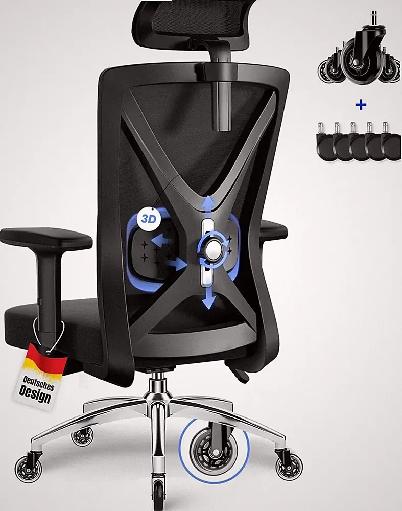 Ergonomischer Bürostuhl Drehstuhl mit verstellbaren Armlehnen und Kopfstütze
