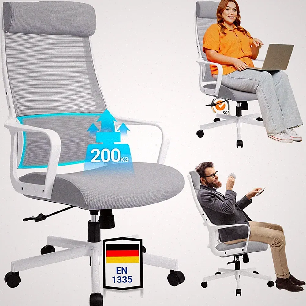 Ergonomischer Bürostuhl Grau mit verstellbarer Kopfstütze, 150kg Max Belastung