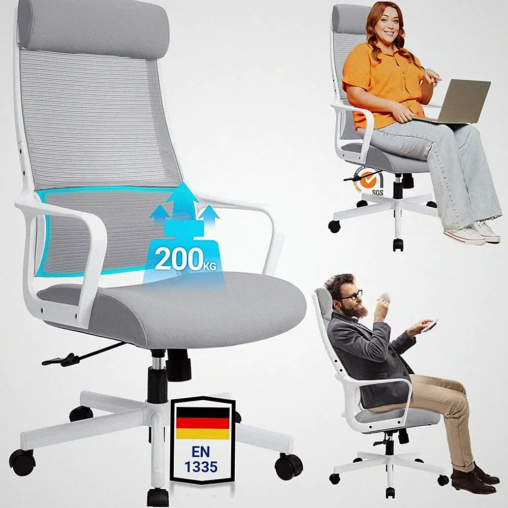 Ergonomischer Bürostuhl Grau mit verstellbarer Kopfstütze, Lordosenstütze, Mesh