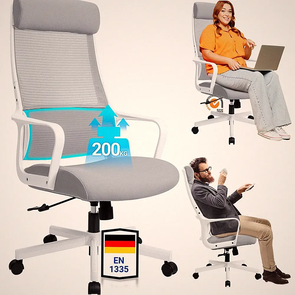 Ergonomischer Bürostuhl Grau Verstellbare Kopfstütze Atmungsaktiv 48-58 cm