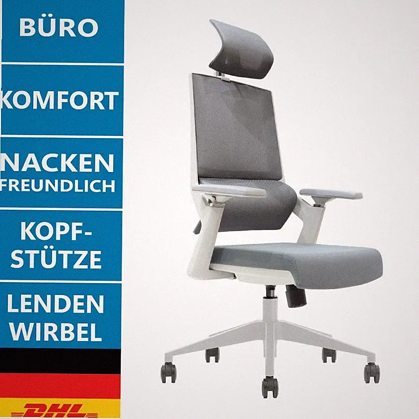 Ergonomischer Bürostuhl hellgrau K7-GH-02 Kopfstütze Lendenstütze Mesh Drehstuhl