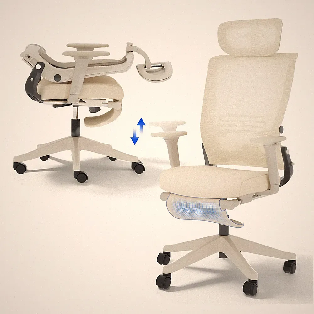 Ergonomischer Bürostuhl klappbar Lendenwirbelstütze mit Kopfstütze Creamweiß