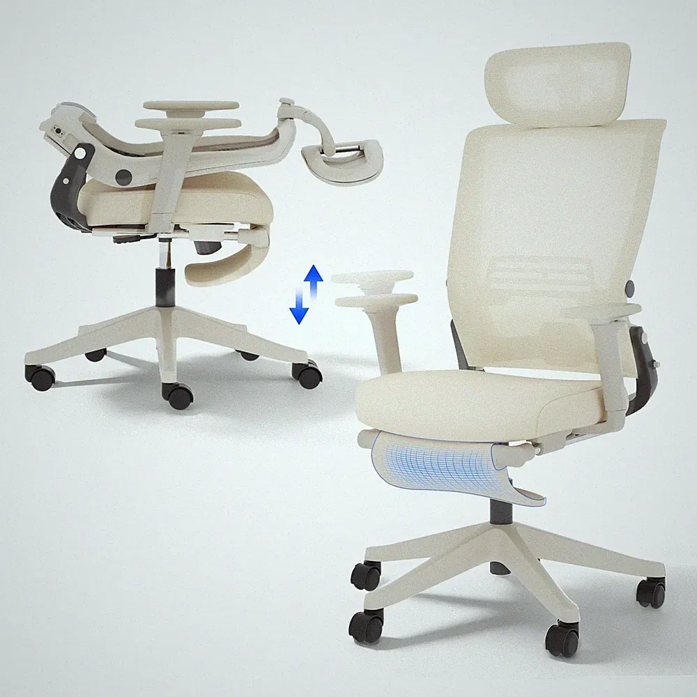 Ergonomischer Bürostuhl klappbar mit Lendenwirbelstütze und Kopfstütze Creamweiß