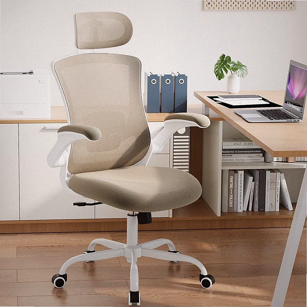 Ergonomischer BÜROSTUHL Mesh mit Kopfstütze Lendenwirbelstütze Armlehne Khaki