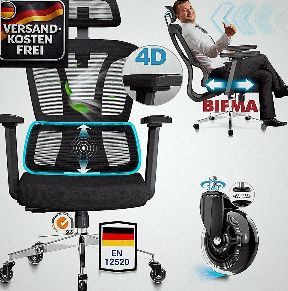 Ergonomischer Bürostuhl mit 4D-Armlehnen Rückenstütze und Verstellbarkeit