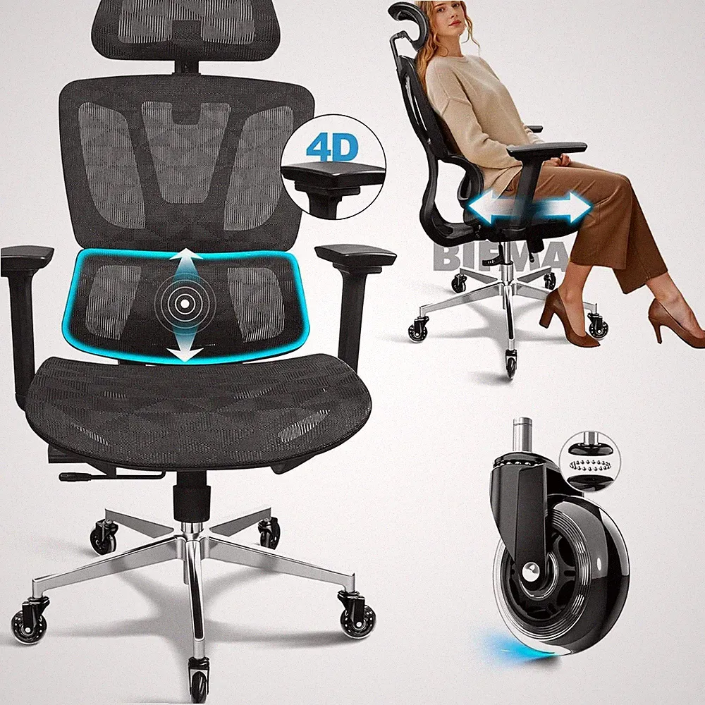 Ergonomischer Bürostuhl mit 4D-Armlehnen Verstellbarer Sitztiefe & 2D-Kopfstütze