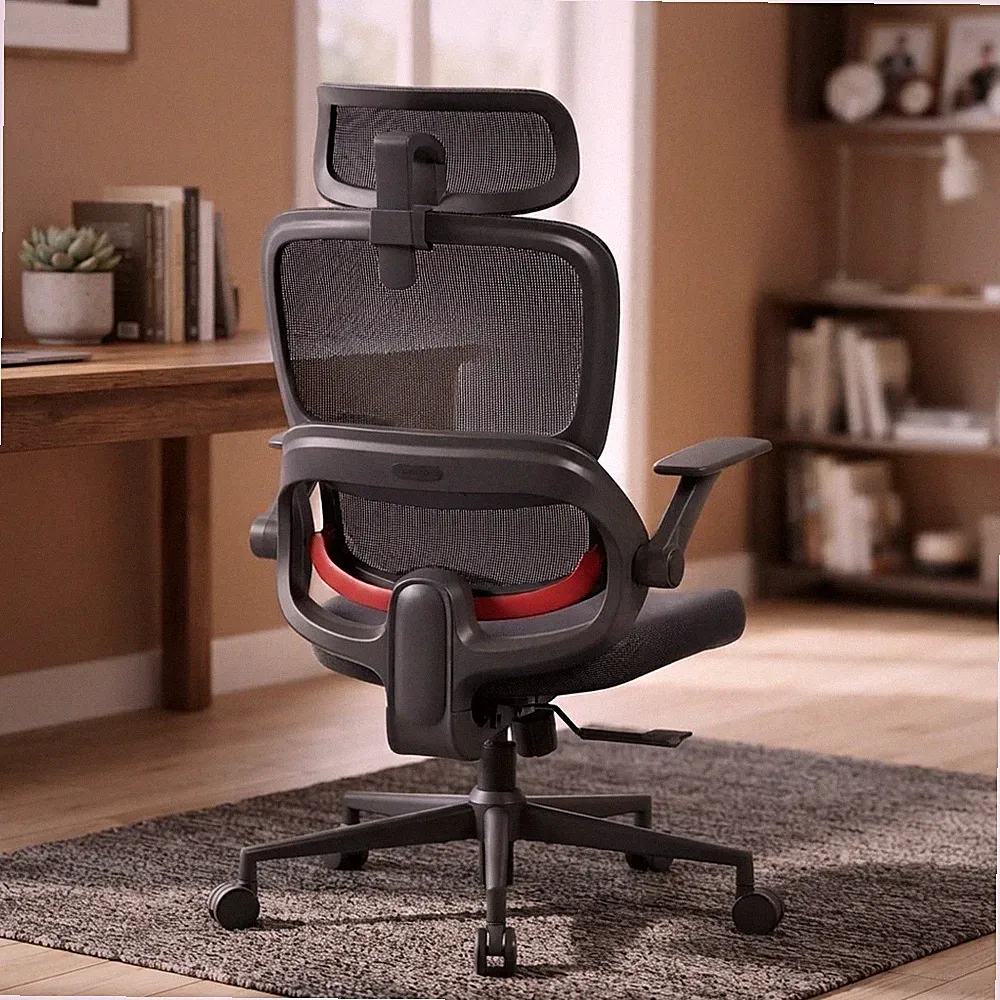 Ergonomischer Bürostuhl mit adaptiver Lordosenstütze & verstellbarer Kopfstütze