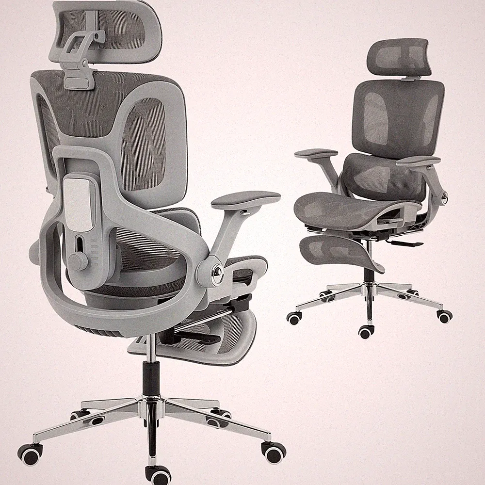 Ergonomischer Bürostuhl mit Fußstütze für Homeoffice, Hoher Mesh-Rücken, Grau