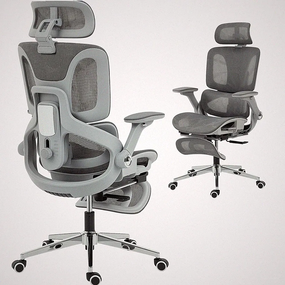 Ergonomischer Bürostuhl mit Fußstütze, Hoher Rücken, Grau