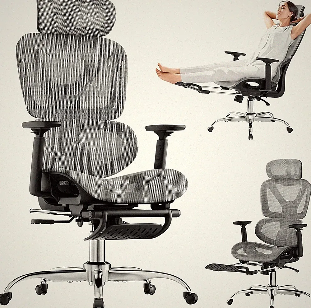 Ergonomischer Bürostuhl mit Fußstütze Modell 90-120° Rückenlehne, 4D PU-Armlehne