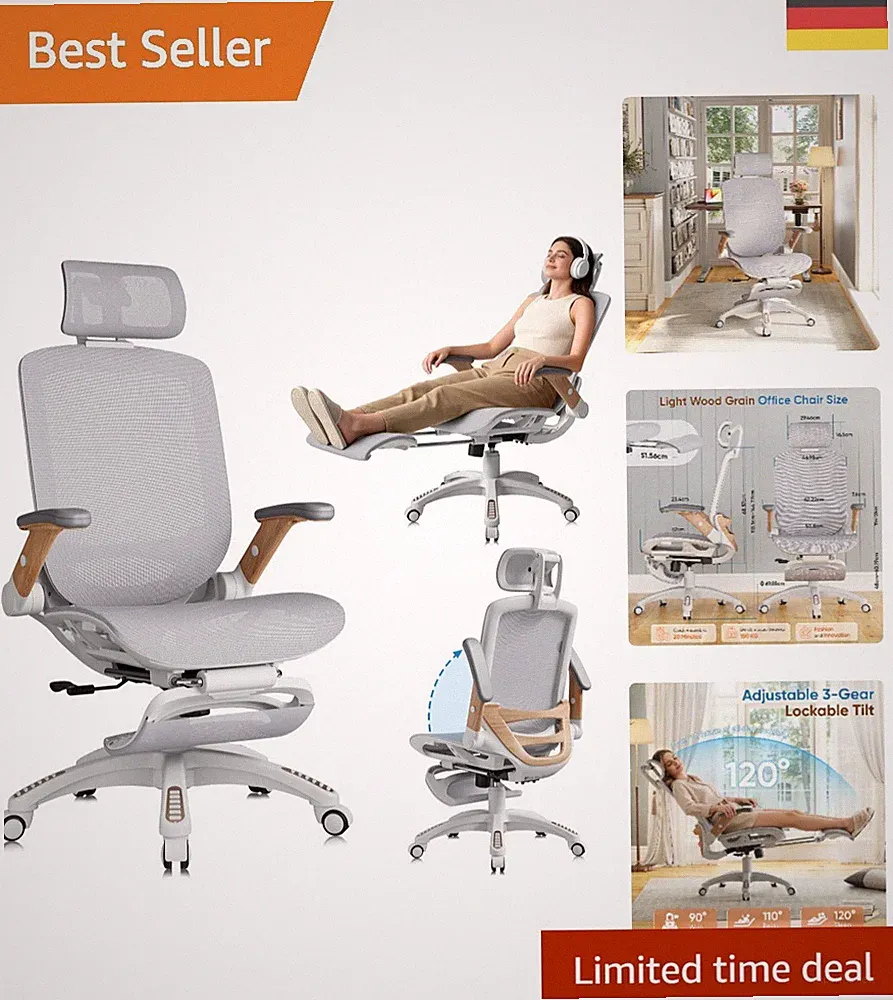 Ergonomischer Bürostuhl mit Fußstütze und 135° Neigung – Ideal fürs Homeoffice
